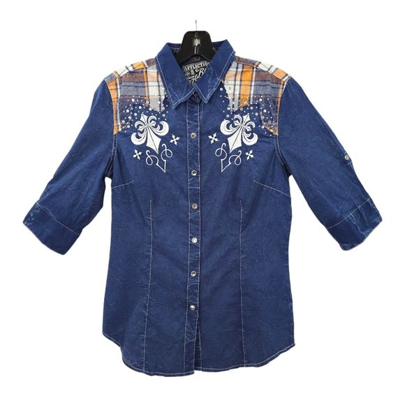 Affliction Snap Front Shirt Womens S Roll Tab 3/4 Sleeve Blue Cross Rhinestones - Picture 3 of 16